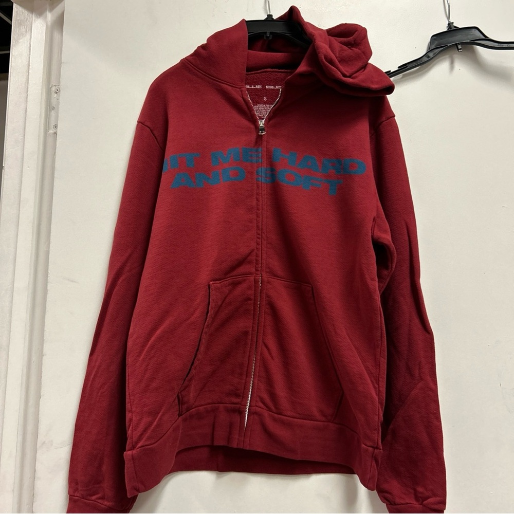 Men's Red Zip-Up red burgundy Hoodie Billie Eilish hit me hard and soft